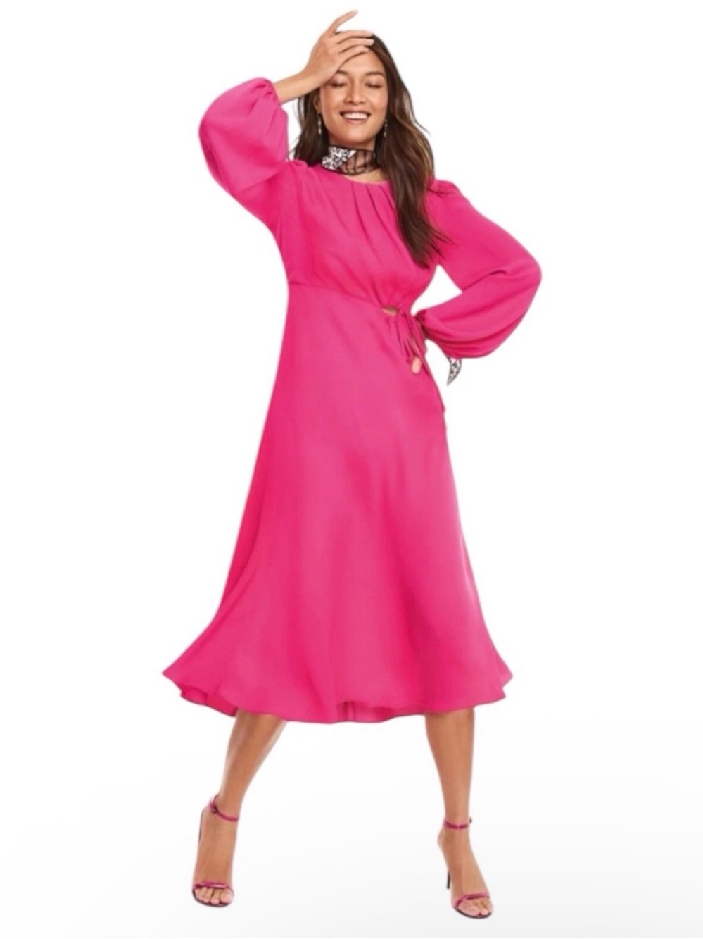 CAbi Delight Midi Dress Fuchsia Hot Pink Cutout Tie Waist Long Sleeves #6578 L